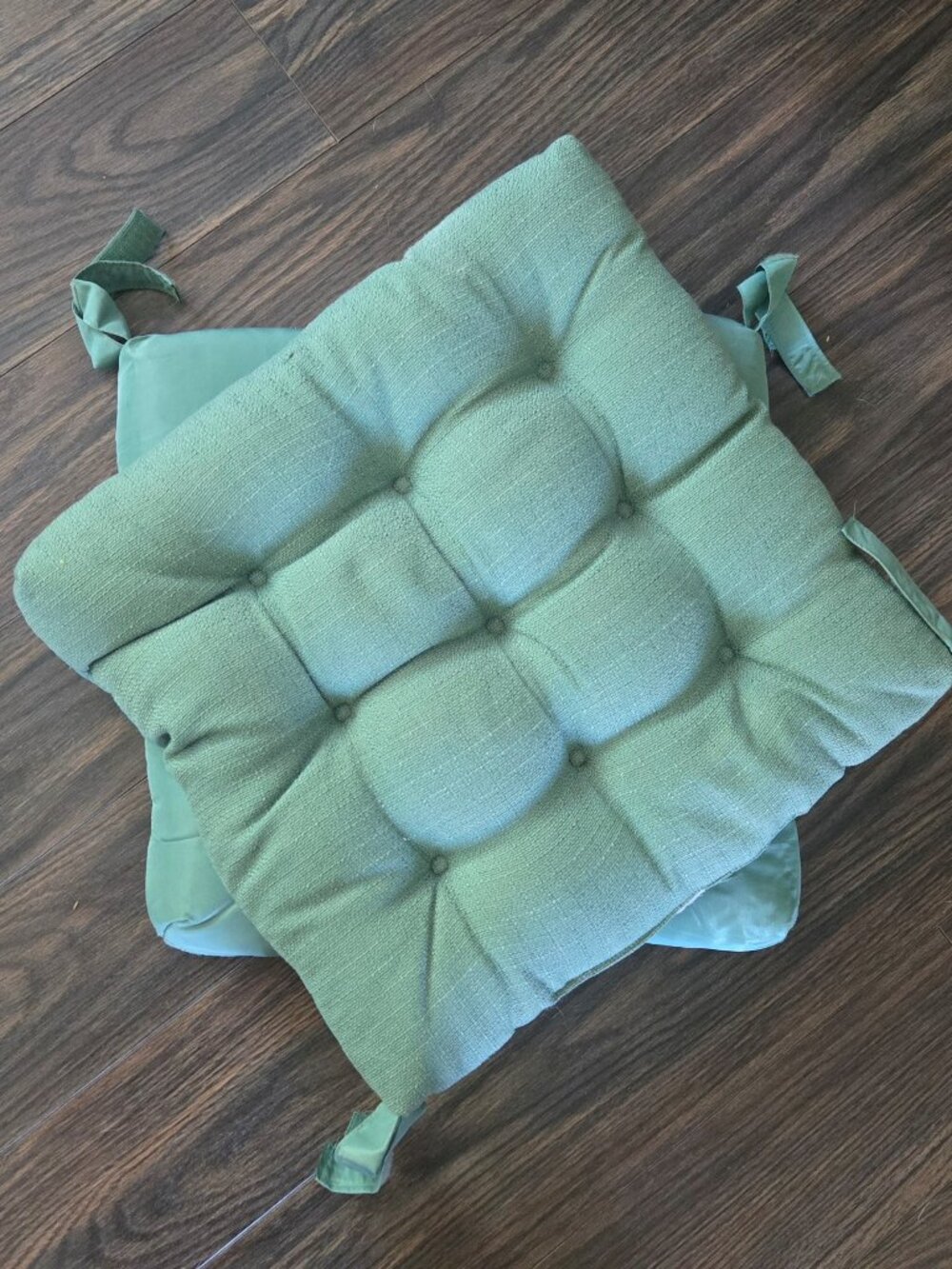 Traditional Style Pair of Two Moss Green Tufted/Reversible Chair Cushions